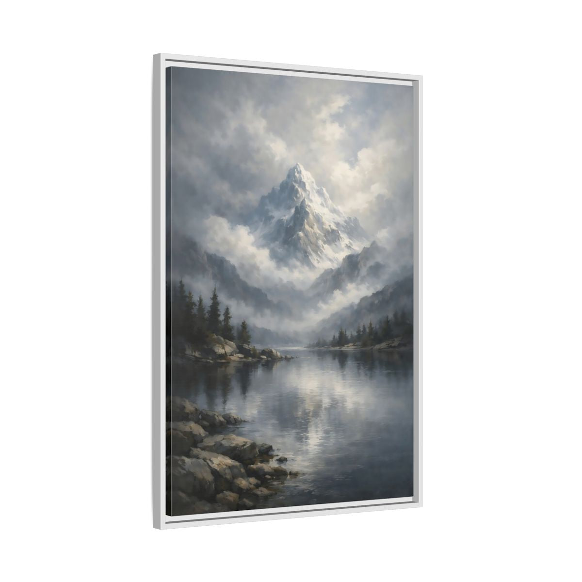 Side Mockup 9. Nature Snowy Mountain Grey Mountain Lake shown as stretched canvas wall art