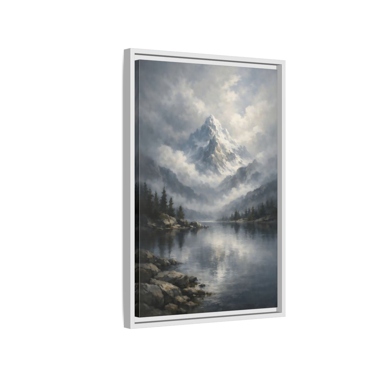 Side Mockup 1. Nature Snowy Mountain Grey Mountain Lake shown as stretched canvas wall art