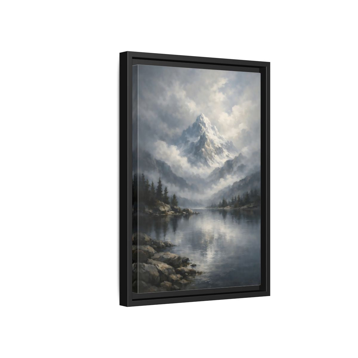 Side Mockup 6. Nature Snowy Mountain Grey Mountain Lake shown as stretched canvas wall art