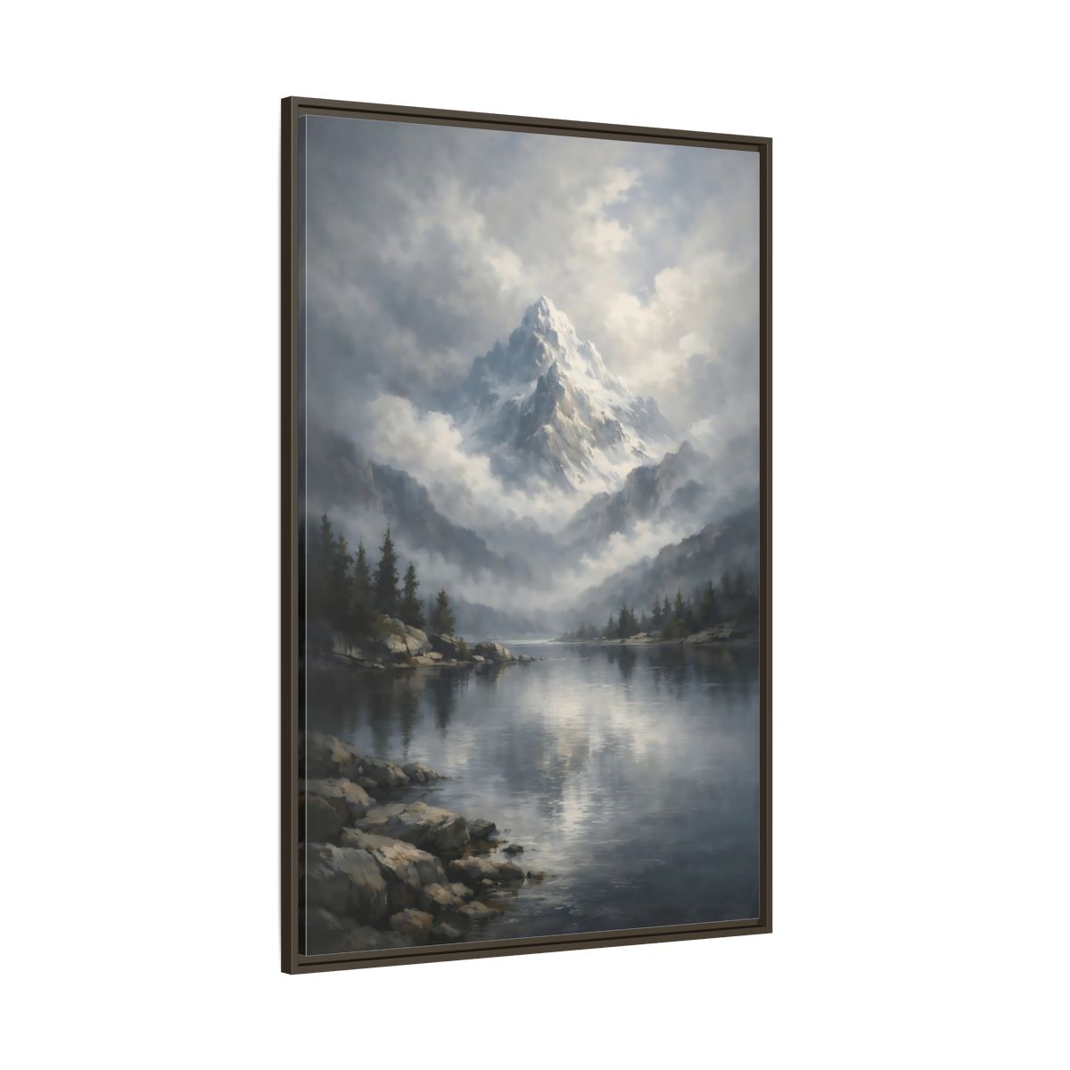 Side Mockup 8. Nature Snowy Mountain Grey Mountain Lake shown as stretched canvas wall art