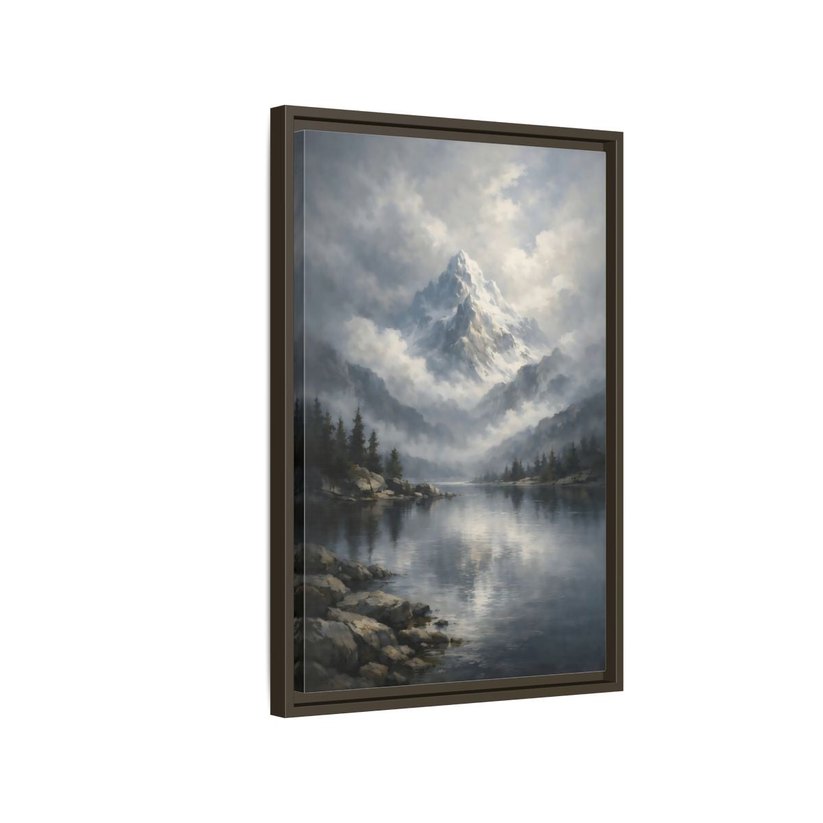 Side Mockup 2. Nature Snowy Mountain Grey Mountain Lake shown as stretched canvas wall art