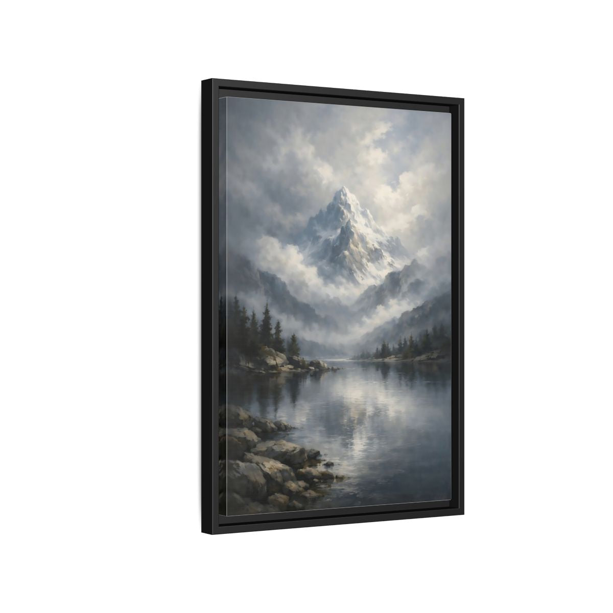 Side Mockup 3. Nature Snowy Mountain Grey Mountain Lake shown as stretched canvas wall art