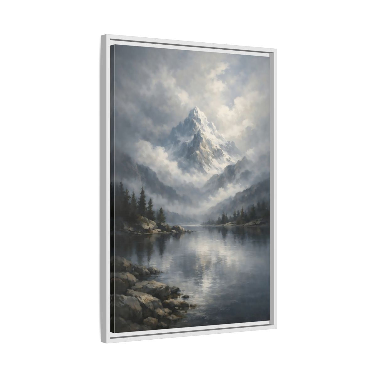 Side Mockup 11. Nature Snowy Mountain Grey Mountain Lake shown as stretched canvas wall art