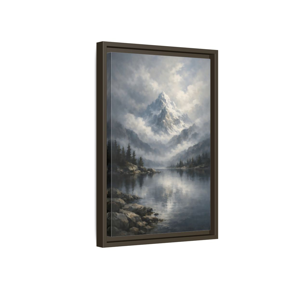 Side Mockup 5. Nature Snowy Mountain Grey Mountain Lake shown as stretched canvas wall art