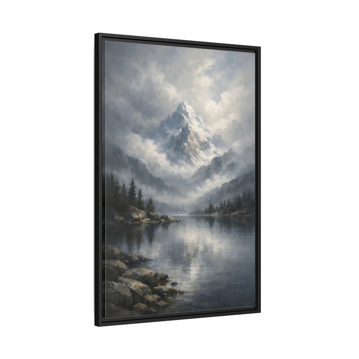 Side Mockup 13. Nature Snowy Mountain Grey Mountain Lake shown as stretched canvas wall art
