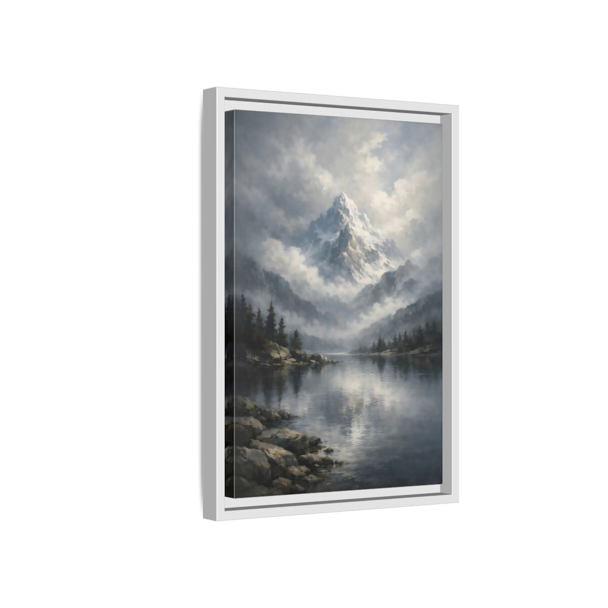 Side Mockup 4. Nature Snowy Mountain Grey Mountain Lake shown as stretched canvas wall art