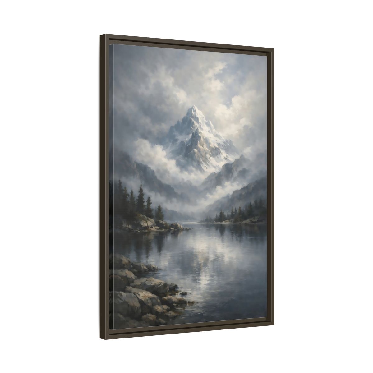 Side Mockup 12. Nature Snowy Mountain Grey Mountain Lake shown as stretched canvas wall art