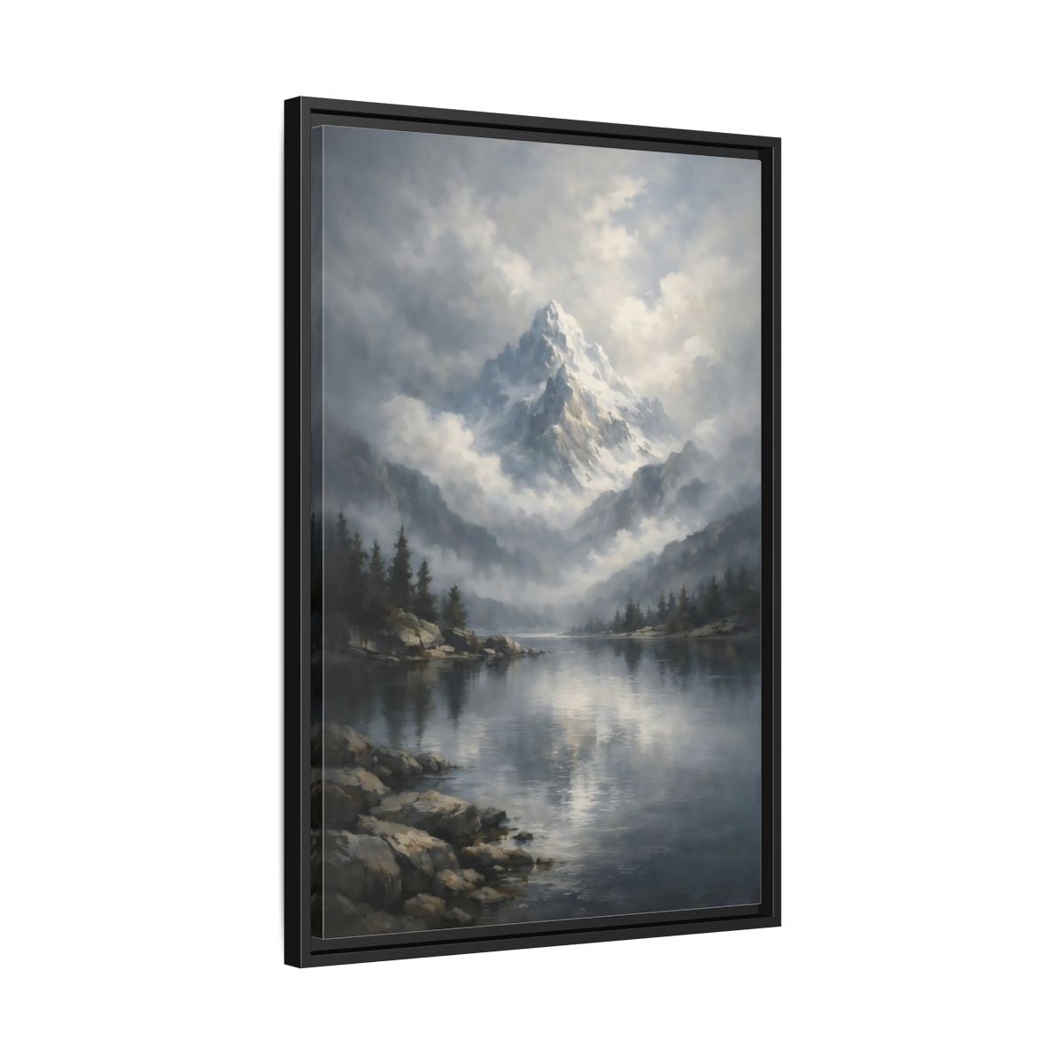 Side Mockup 14. Nature Snowy Mountain Grey Mountain Lake shown as stretched canvas wall art