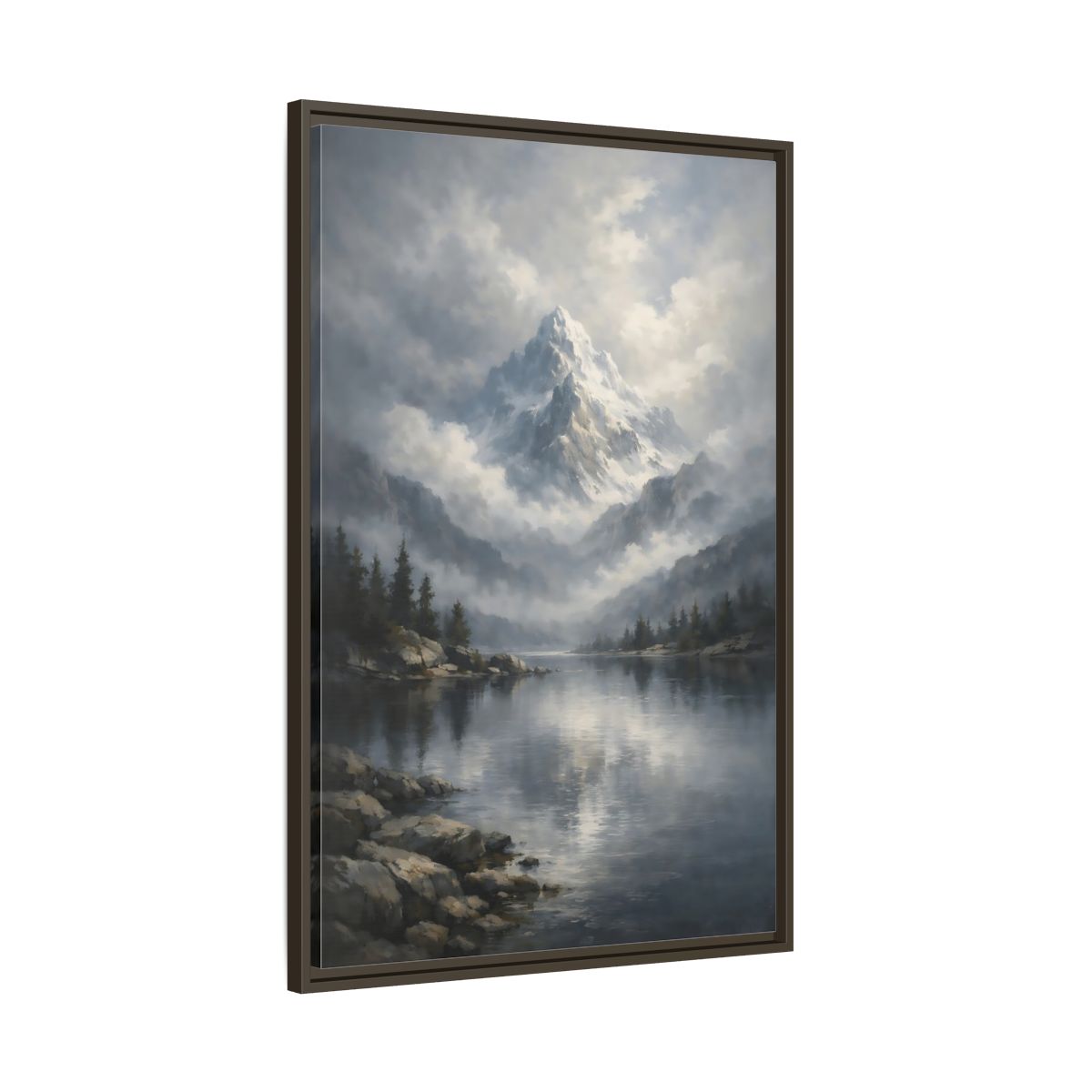 Side Mockup 10. Nature Snowy Mountain Grey Mountain Lake shown as stretched canvas wall art