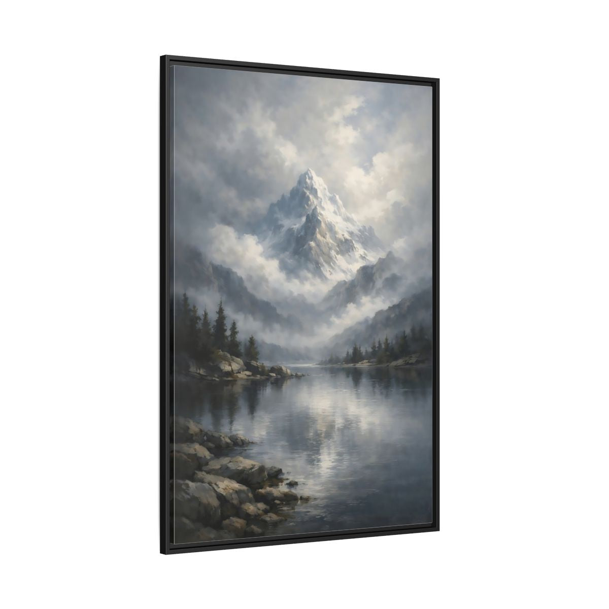 Main Mockup. Nature Snowy Mountain Grey Mountain Lake shown as stretched canvas wall art