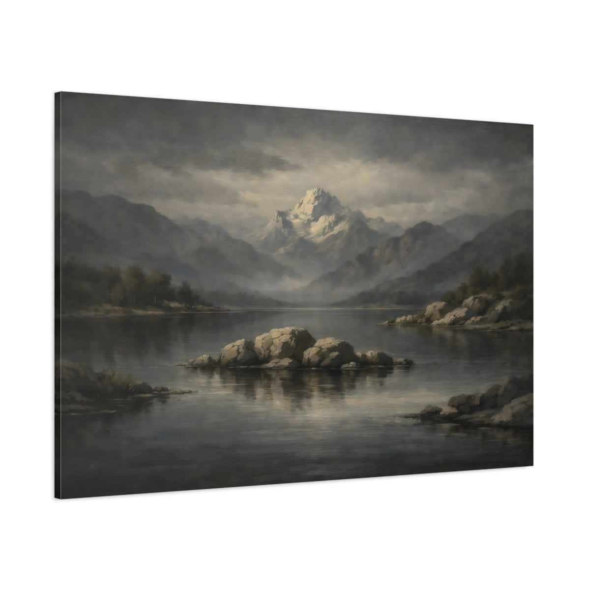 Main Mockup. Nature Snowy Mountain Grey Mountain Lake shown as stretched canvas wall art