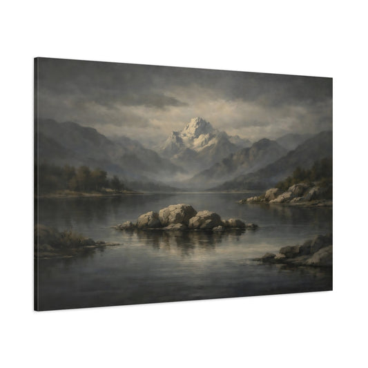 Main Mockup. Nature Snowy Mountain Grey Mountain Lake shown as stretched canvas wall art