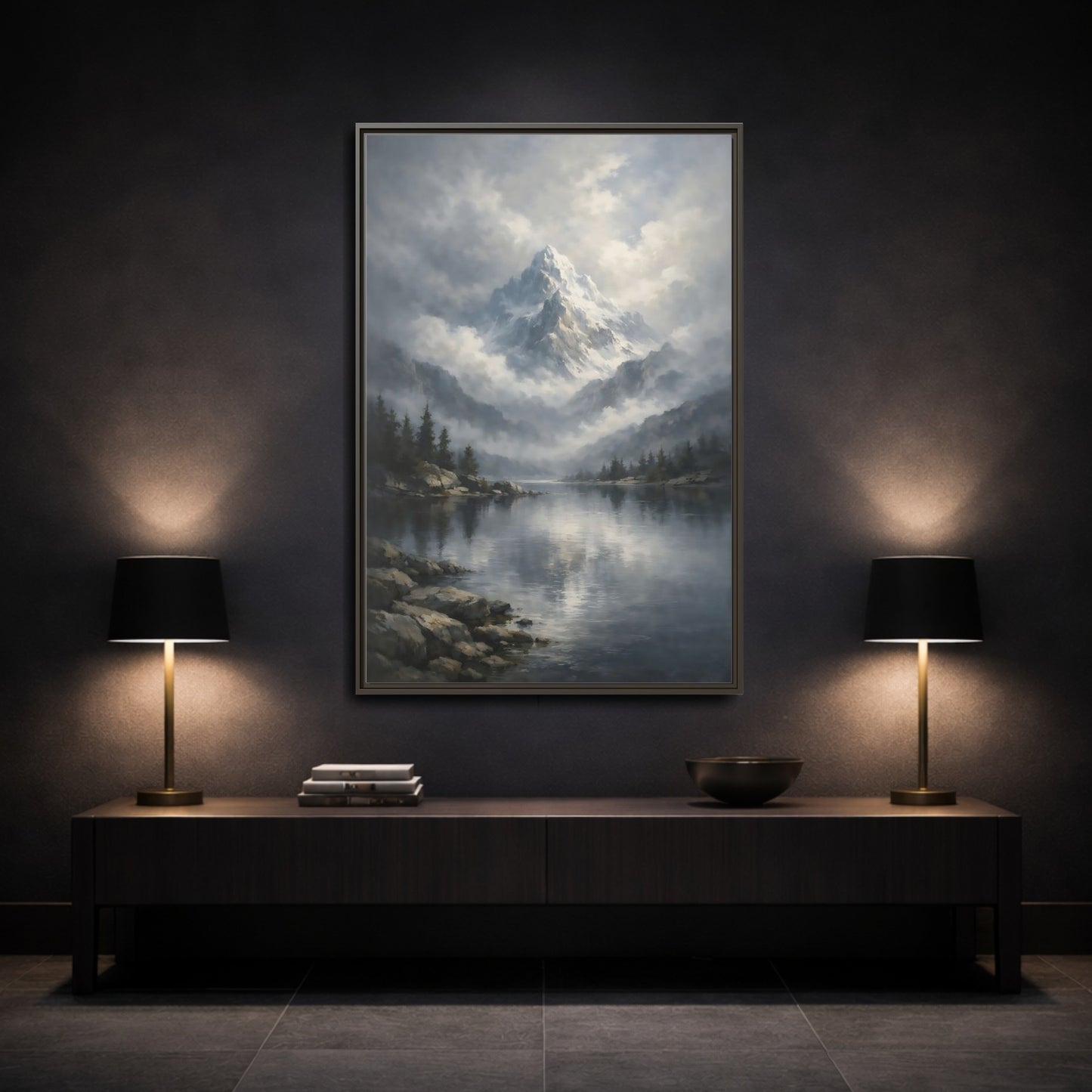 Mockup 2. Nature Snowy Mountain Grey Mountain Lake shown as stretched canvas wall art