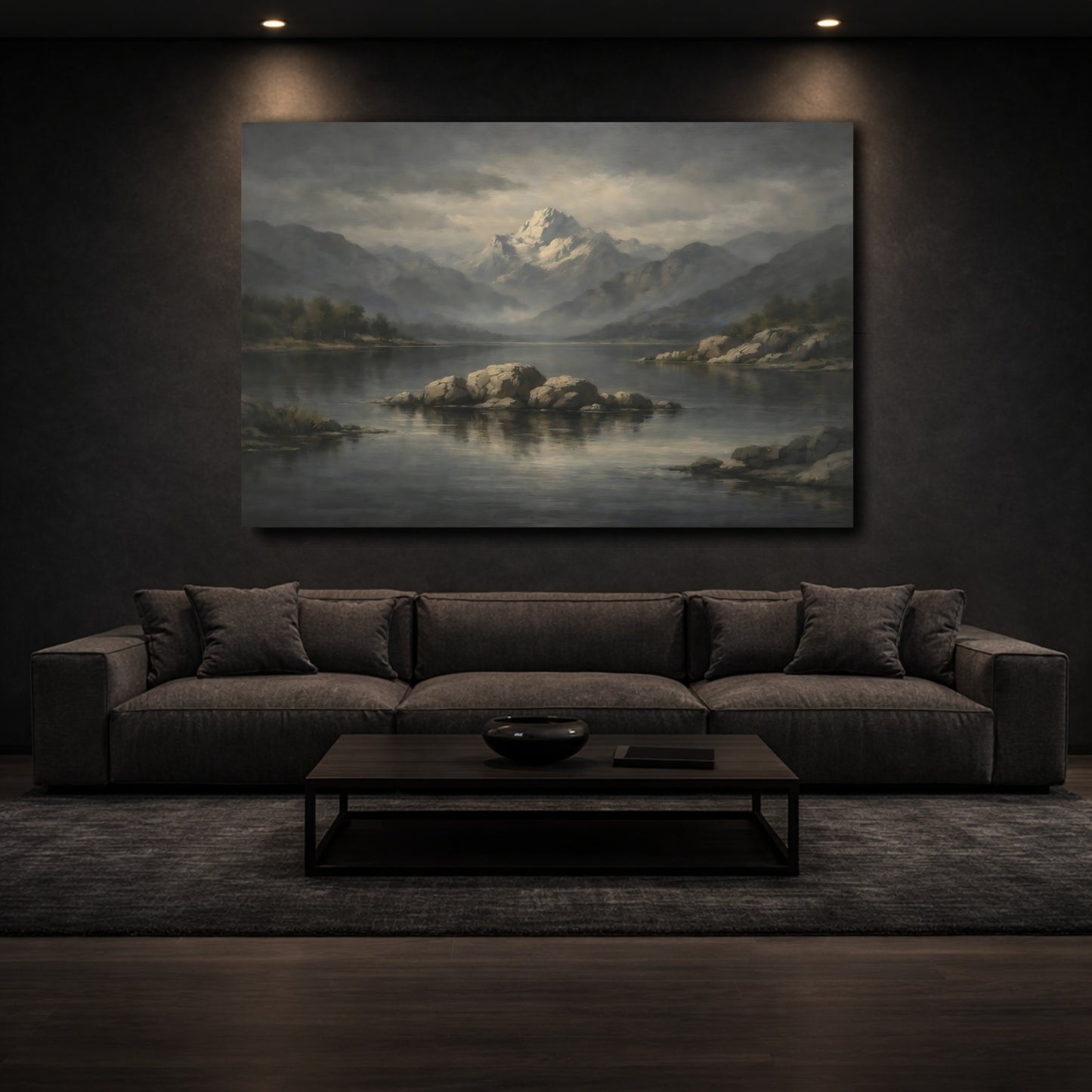 Mockup 2. Nature Snowy Mountain Grey Mountain Lake shown as stretched canvas wall art