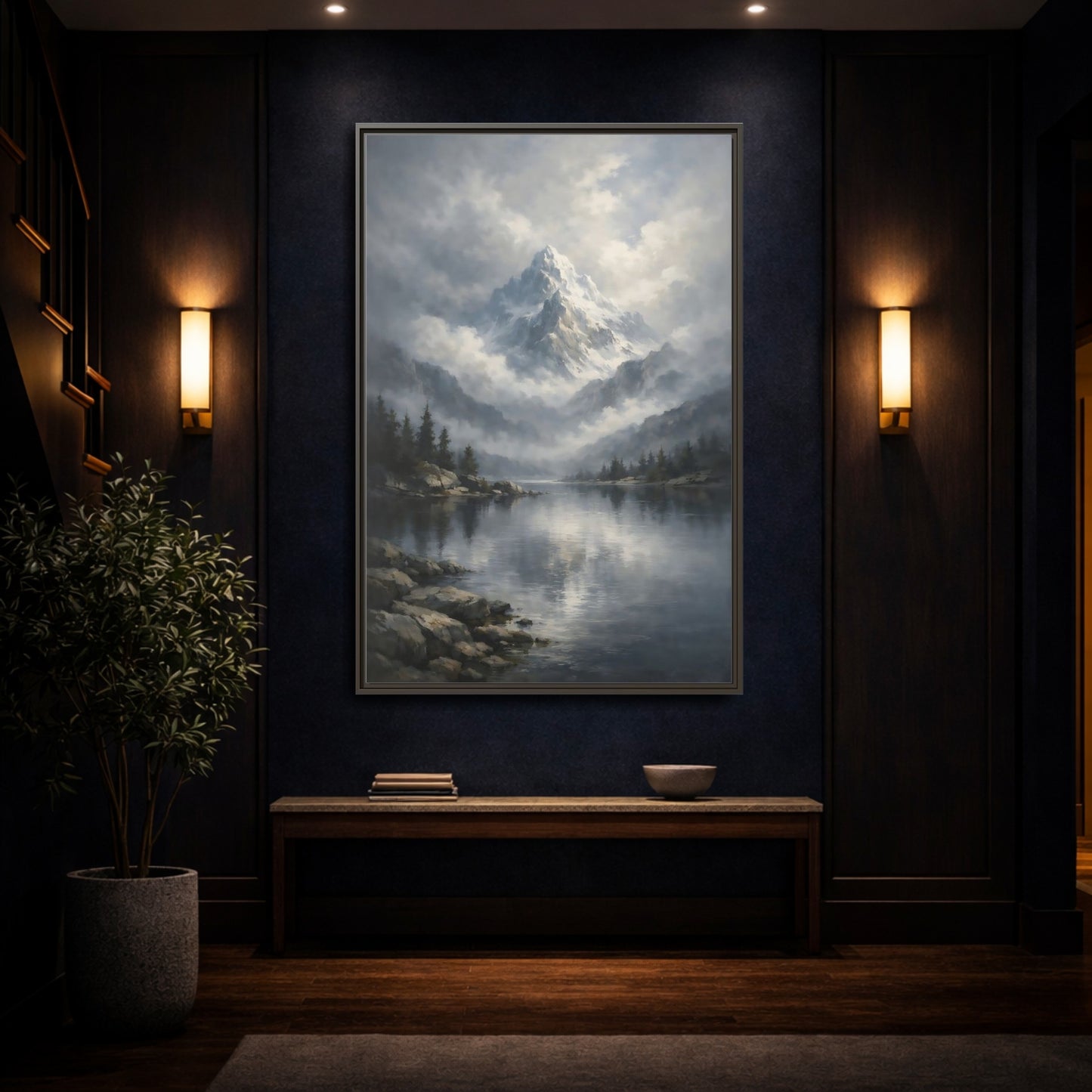 Mockup 3. Nature Snowy Mountain Grey Mountain Lake shown as stretched canvas wall art