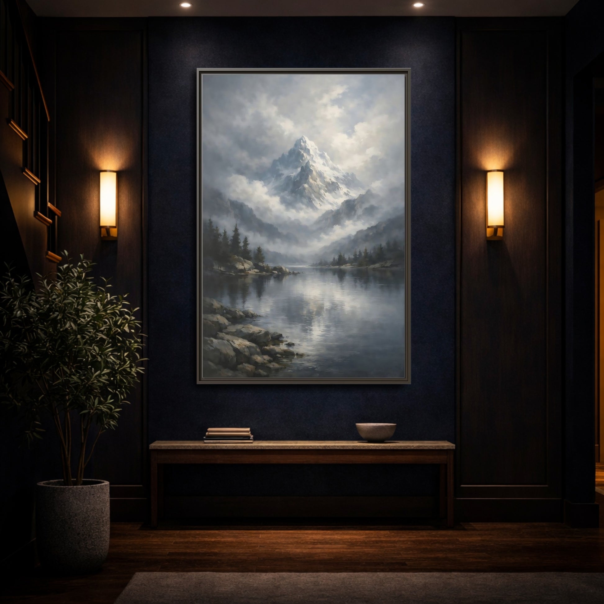 Mockup 3. Nature Snowy Mountain Grey Mountain Lake shown as stretched canvas wall art