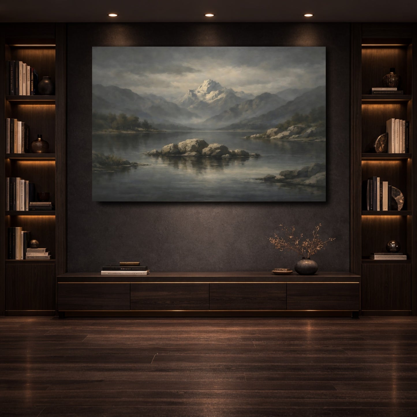 Mockup 3. Nature Snowy Mountain Grey Mountain Lake shown as stretched canvas wall art