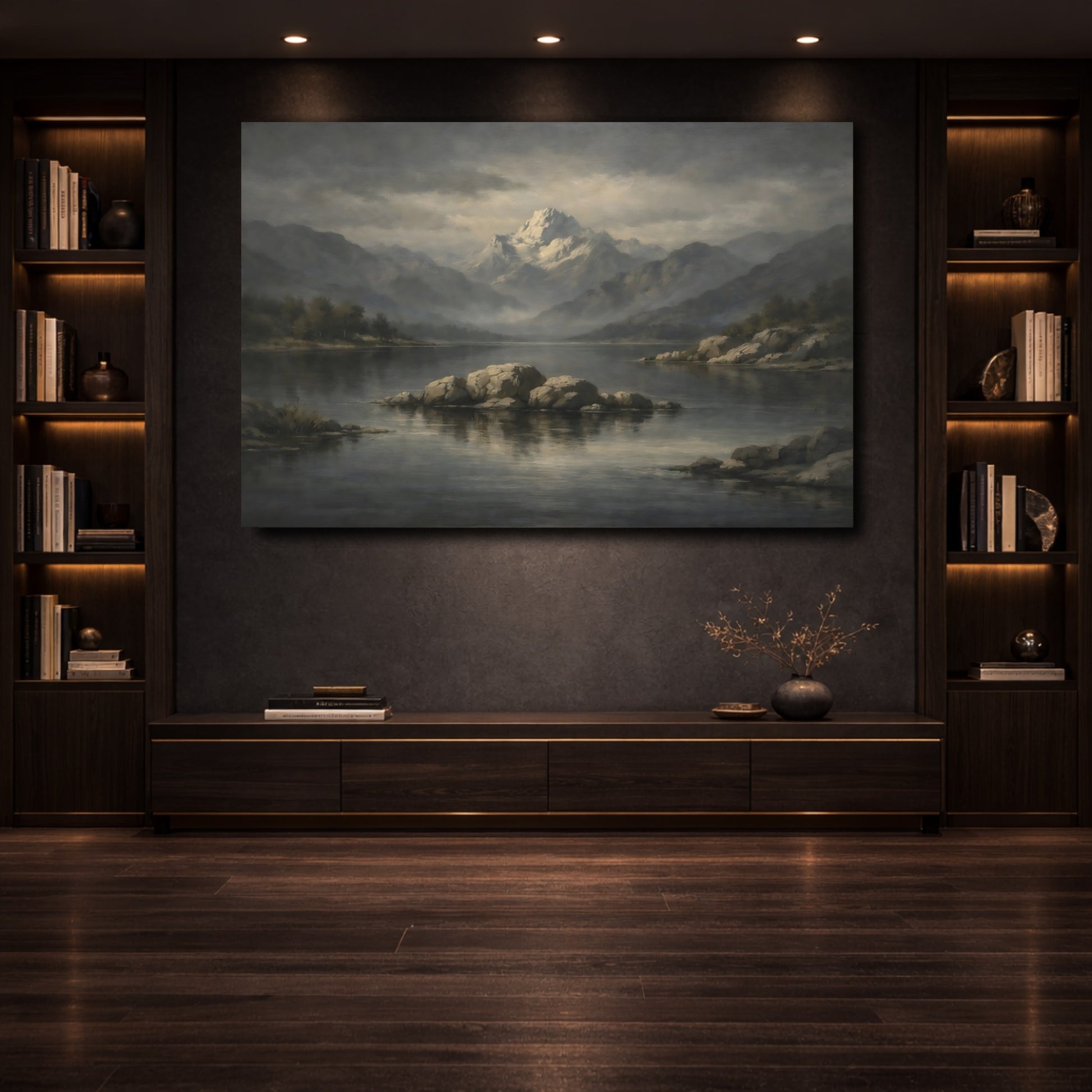 Mockup 3. Nature Snowy Mountain Grey Mountain Lake shown as stretched canvas wall art