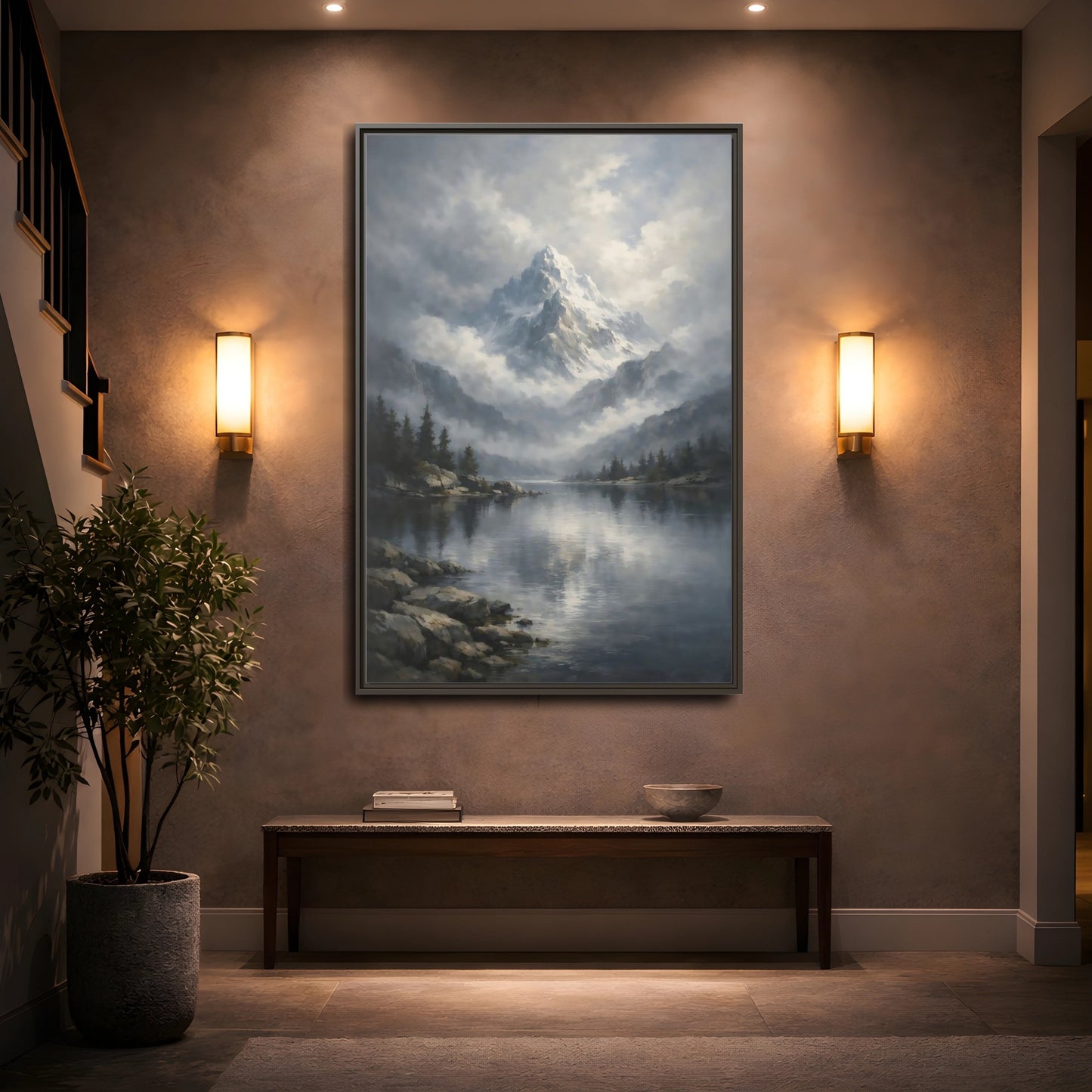 Mockup 4. Nature Snowy Mountain Grey Mountain Lake shown as stretched canvas wall art