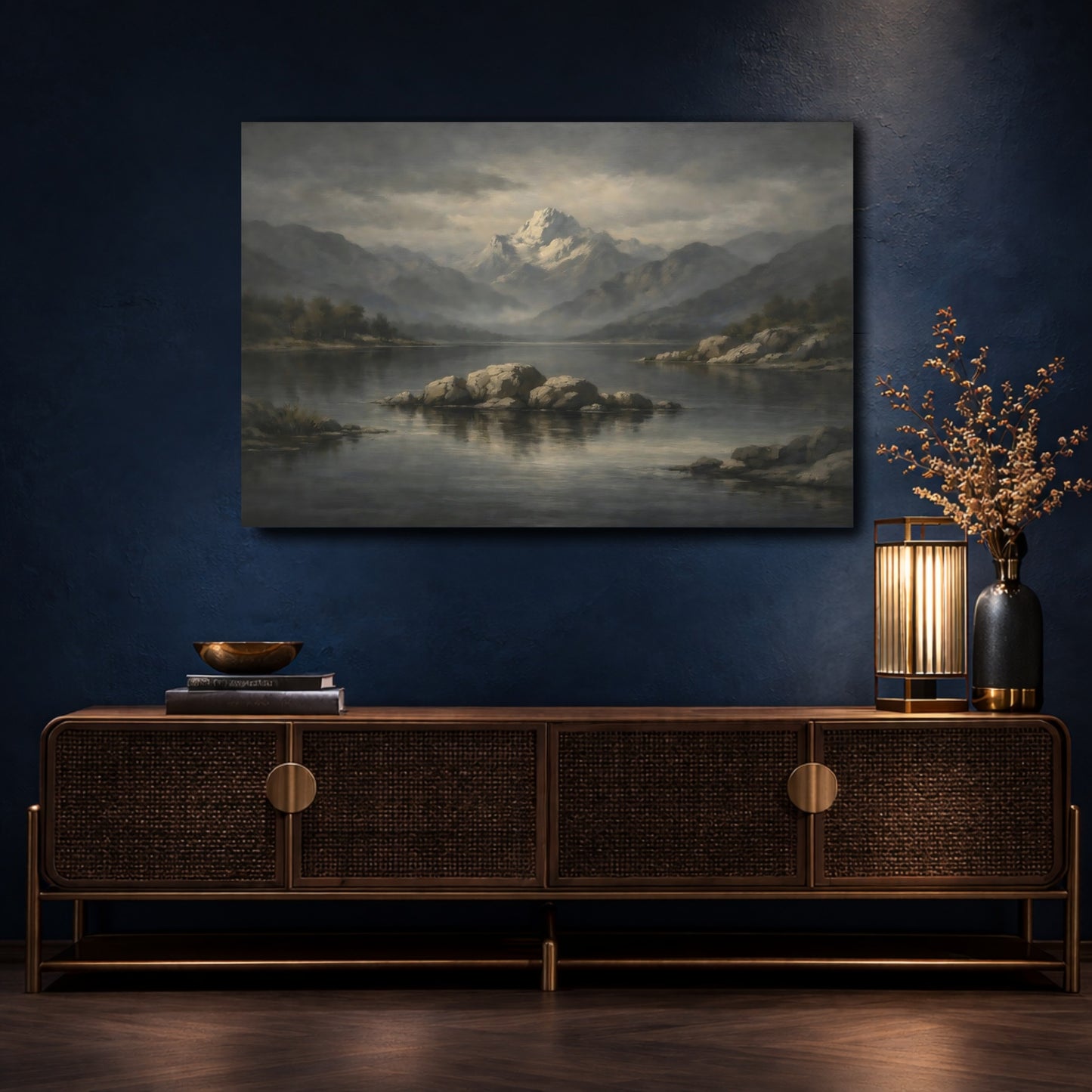 Mockup 4. Nature Snowy Mountain Grey Mountain Lake shown as stretched canvas wall art