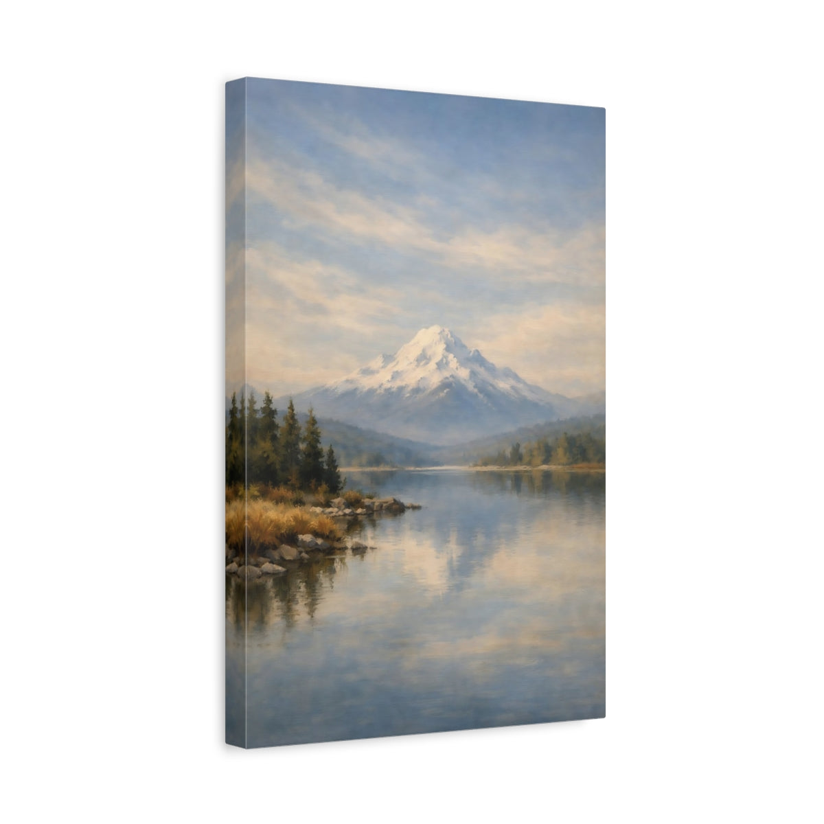 Side Mockup 4. Nature Snowy Mountain Snowy Mountain Lake shown as stretched canvas wall art