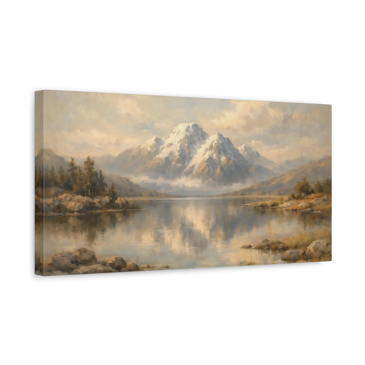 Side Mockup 3. Nature Snowy Mountain Mountain Lake shown as stretched canvas wall art