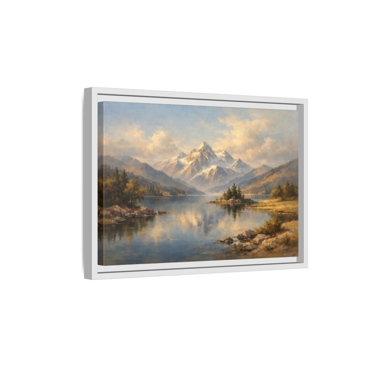 Side Mockup 4. Nature Snowy Mountain Snowy Mountain Lake shown as stretched canvas wall art