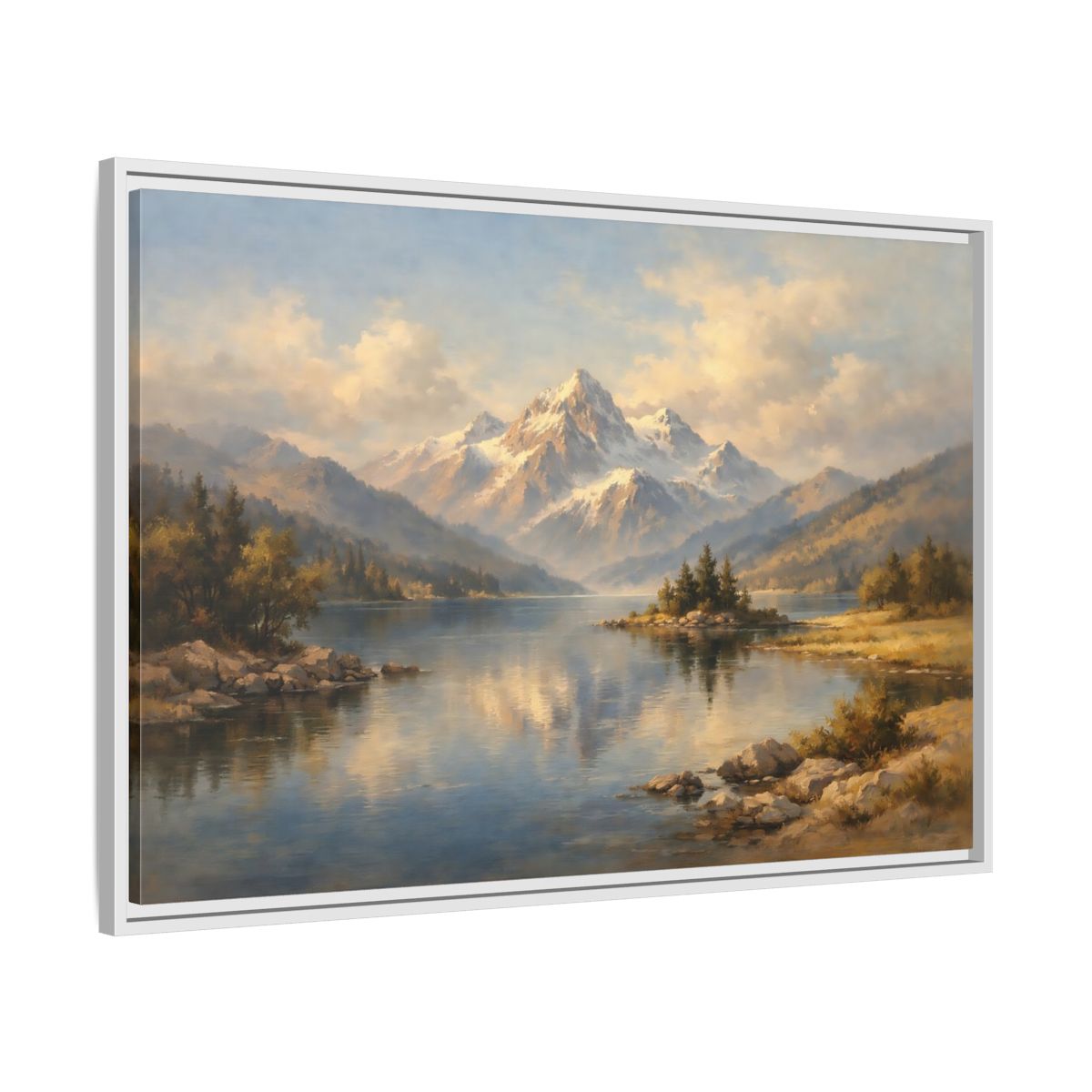 Side Mockup 8. Nature Snowy Mountain Snowy Mountain Lake shown as stretched canvas wall art
