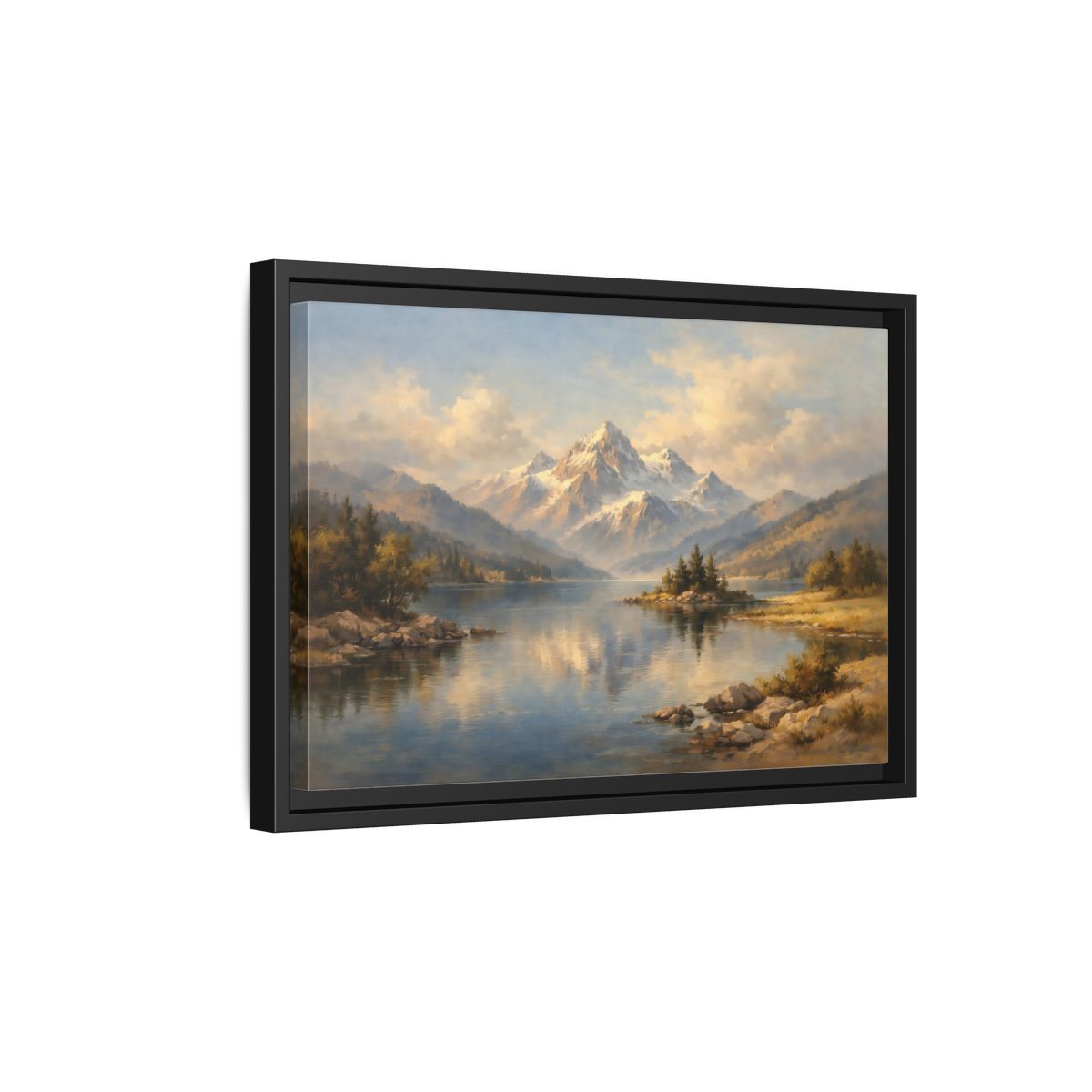 Side Mockup 6. Nature Snowy Mountain Snowy Mountain Lake shown as stretched canvas wall art