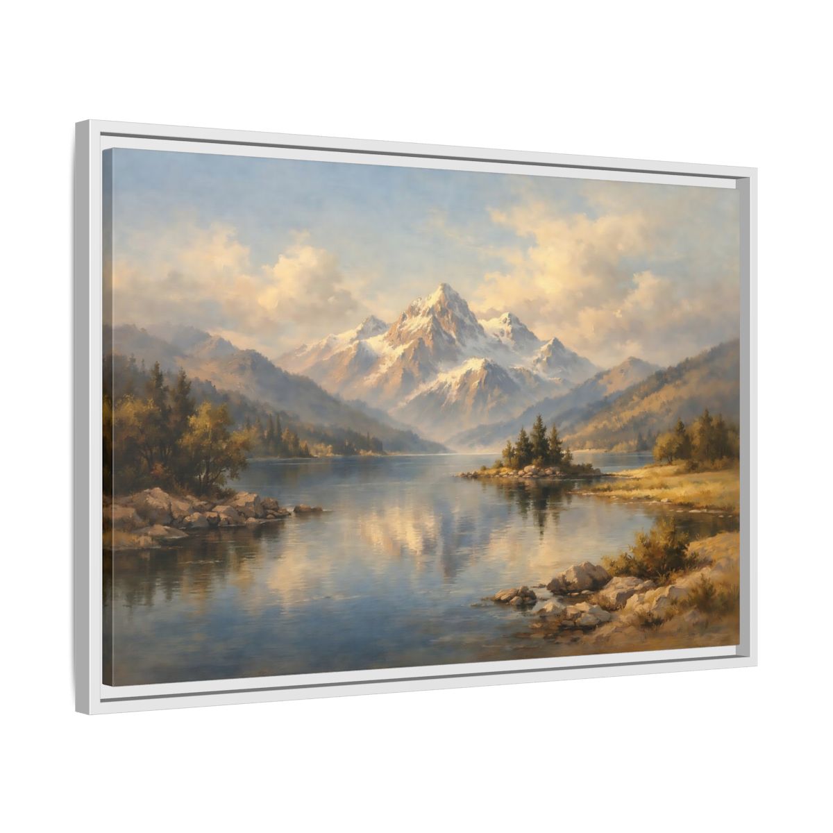 Side Mockup 10. Nature Snowy Mountain Snowy Mountain Lake shown as stretched canvas wall art