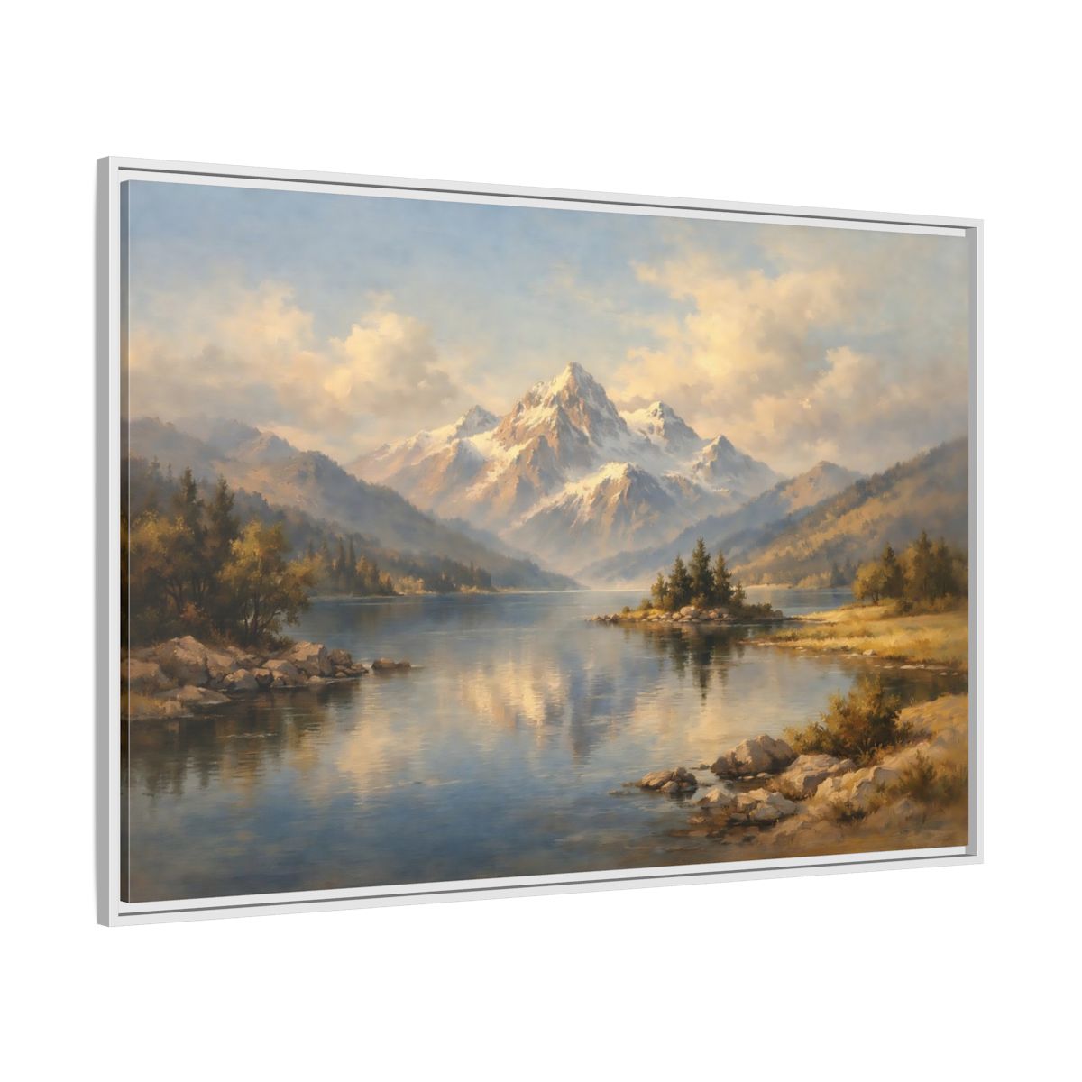Side Mockup 7. Nature Snowy Mountain Snowy Mountain Lake shown as stretched canvas wall art