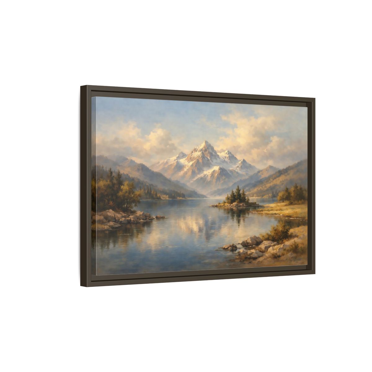 Side Mockup 2. Nature Snowy Mountain Snowy Mountain Lake shown as stretched canvas wall art
