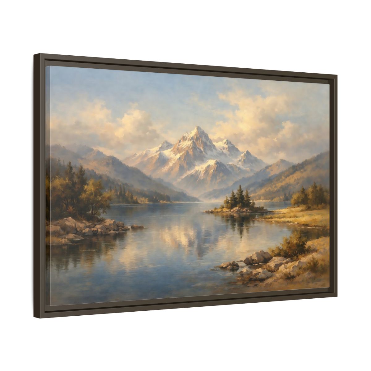Side Mockup 11. Nature Snowy Mountain Snowy Mountain Lake shown as stretched canvas wall art