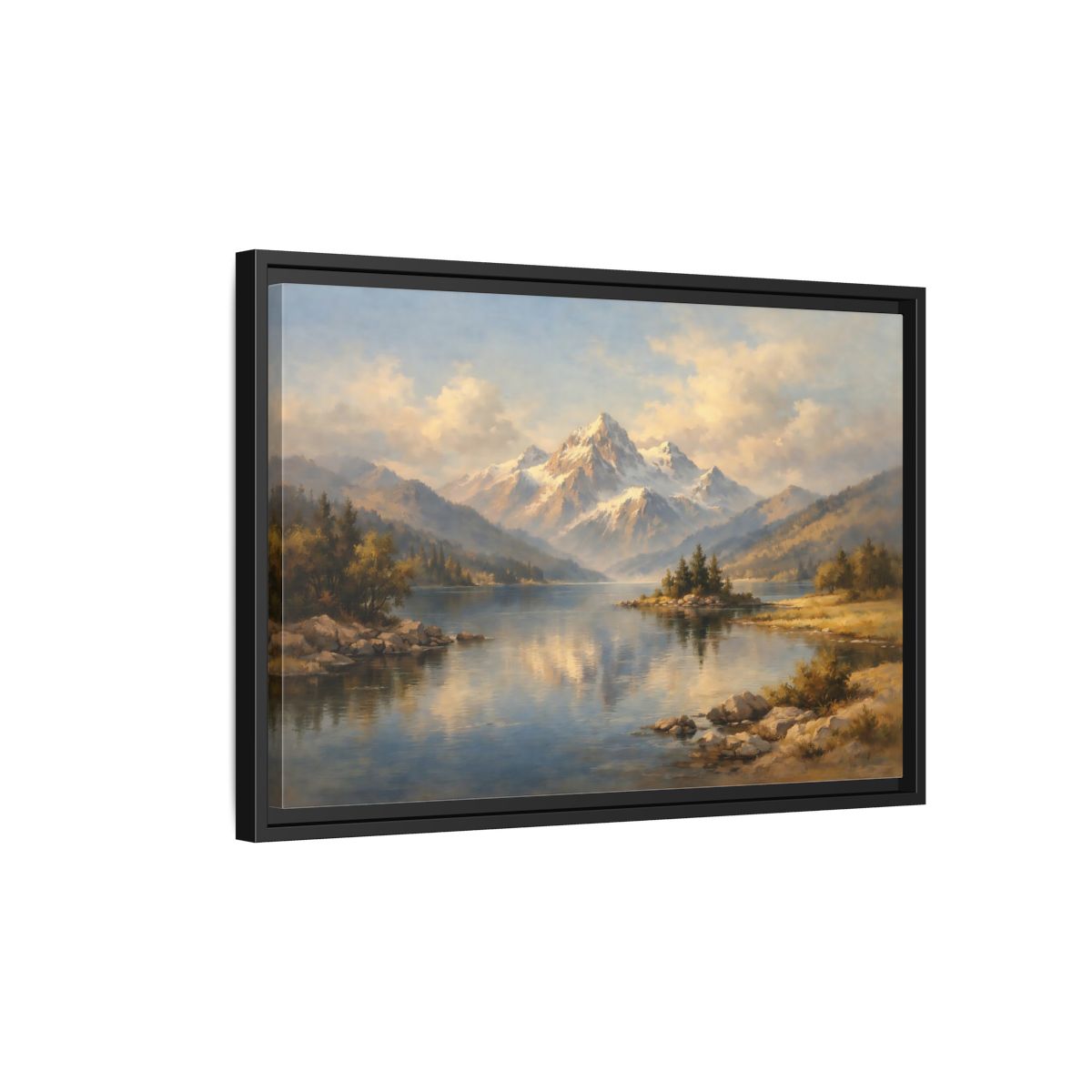 Side Mockup 3. Nature Snowy Mountain Snowy Mountain Lake shown as stretched canvas wall art