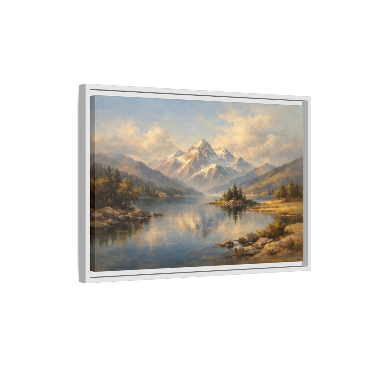 Side Mockup 1. Nature Snowy Mountain Snowy Mountain Lake shown as stretched canvas wall art