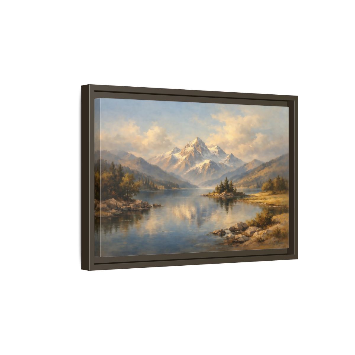 Side Mockup 5. Nature Snowy Mountain Snowy Mountain Lake shown as stretched canvas wall art