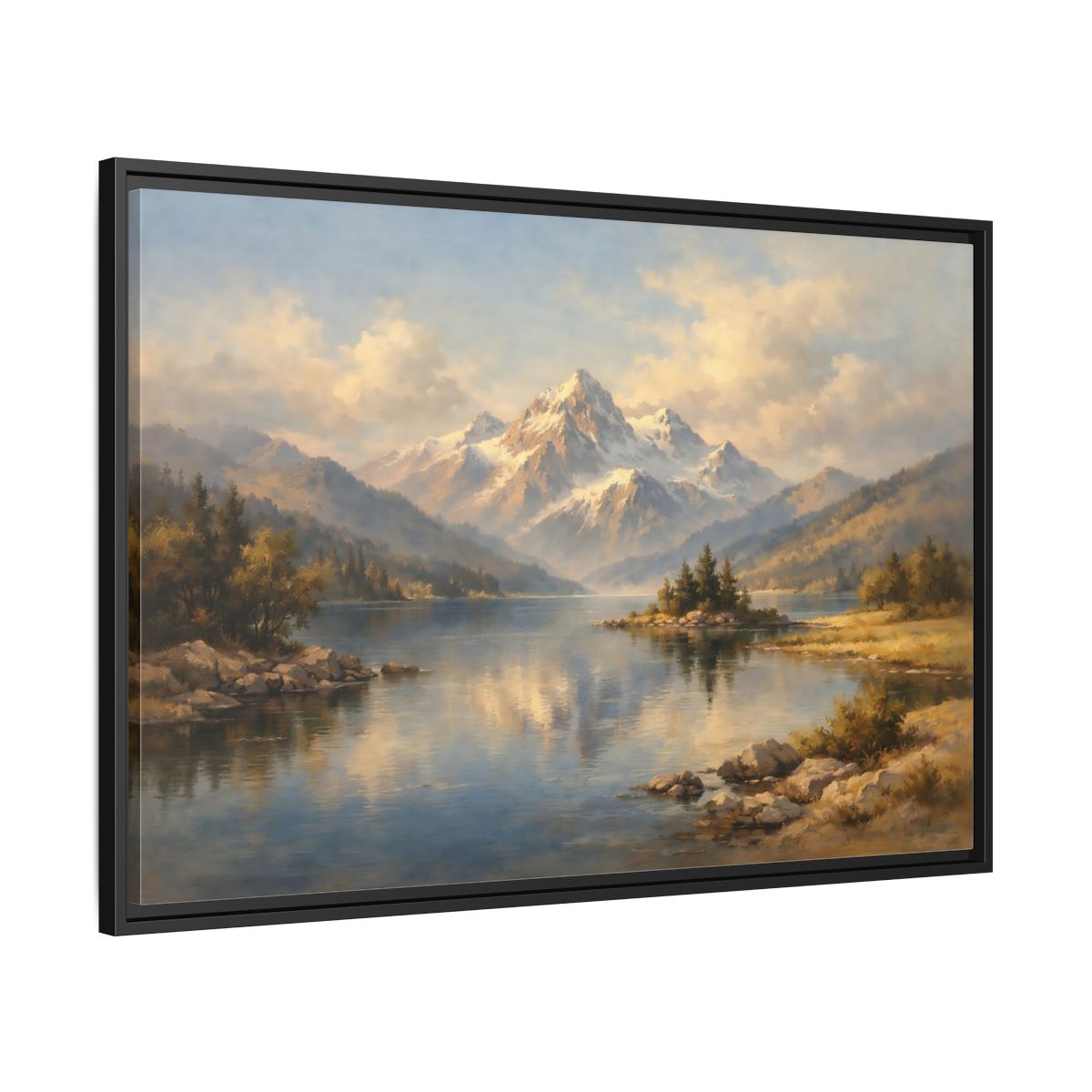 Side Mockup 13. Nature Snowy Mountain Snowy Mountain Lake shown as stretched canvas wall art