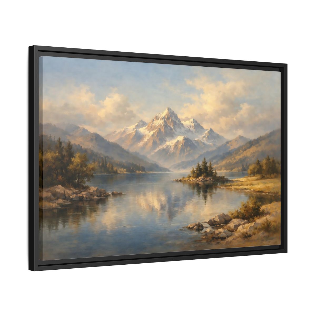 Side Mockup 14. Nature Snowy Mountain Snowy Mountain Lake shown as stretched canvas wall art