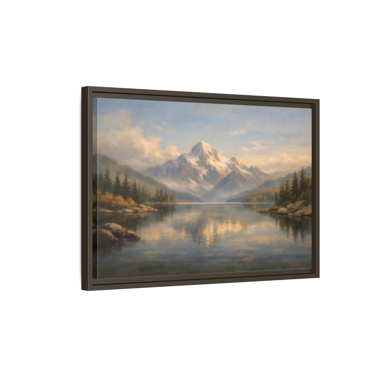 Side Mockup 2. Nature Snowy Mountain Mountain Lake Painting shown as stretched canvas wall art