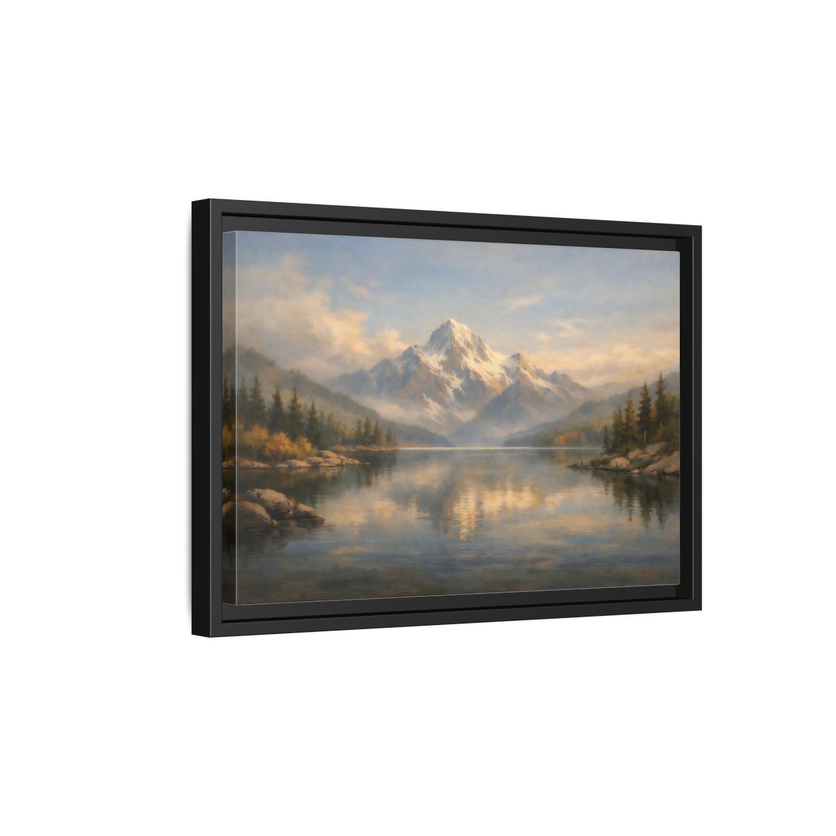 Side Mockup 6. Nature Snowy Mountain Mountain Lake Painting shown as stretched canvas wall art