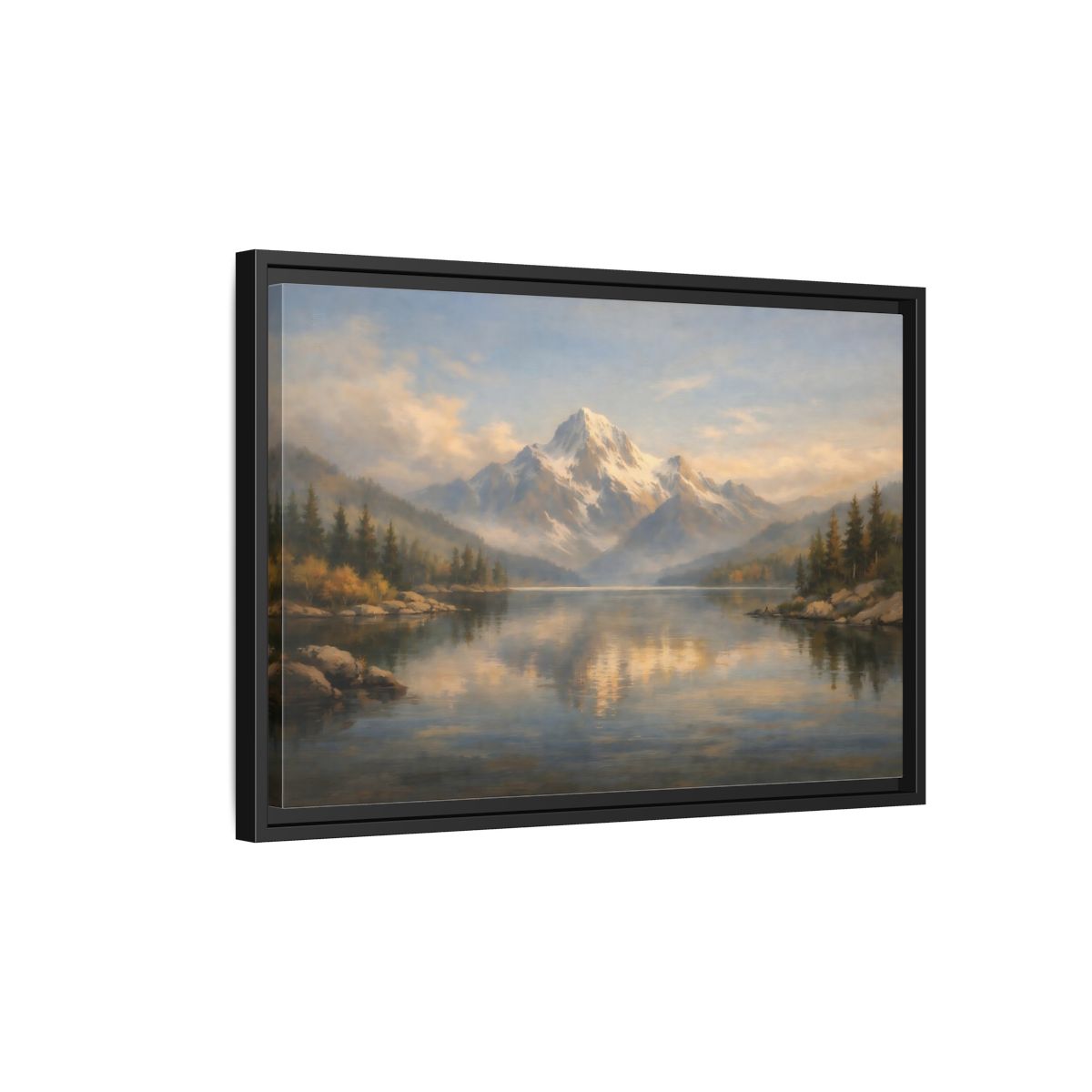 Side Mockup 3. Nature Snowy Mountain Mountain Lake Painting shown as stretched canvas wall art
