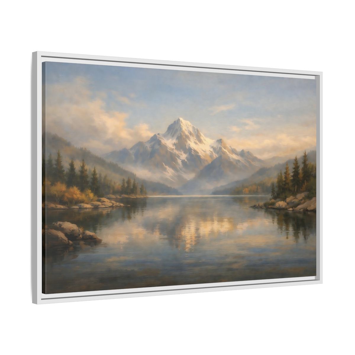 Side Mockup 8. Nature Snowy Mountain Mountain Lake Painting shown as stretched canvas wall art