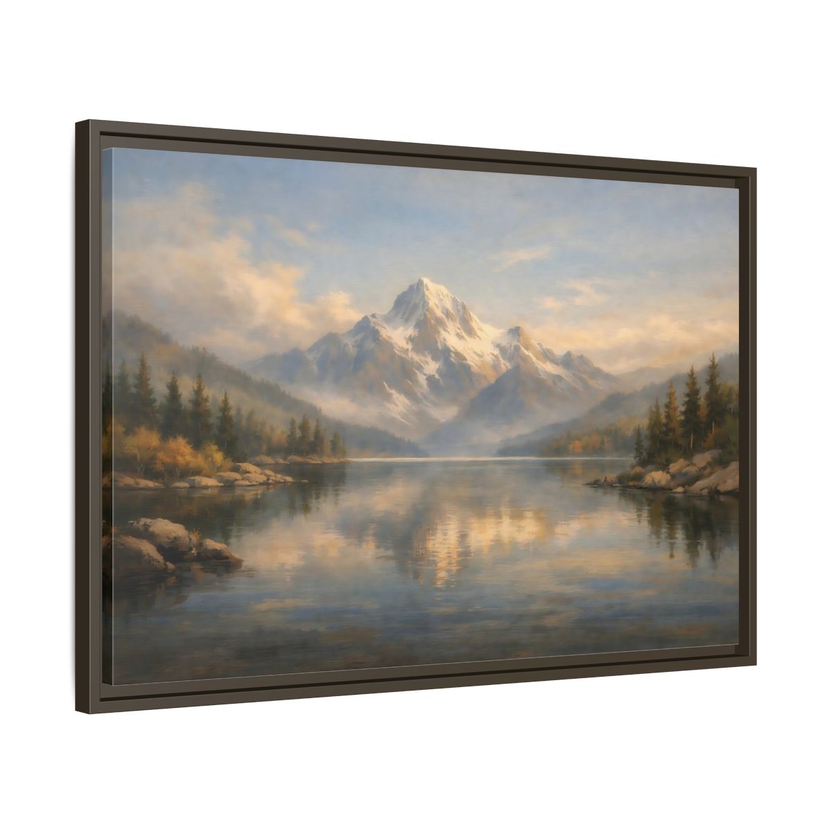 Side Mockup 11. Nature Snowy Mountain Mountain Lake Painting shown as stretched canvas wall art
