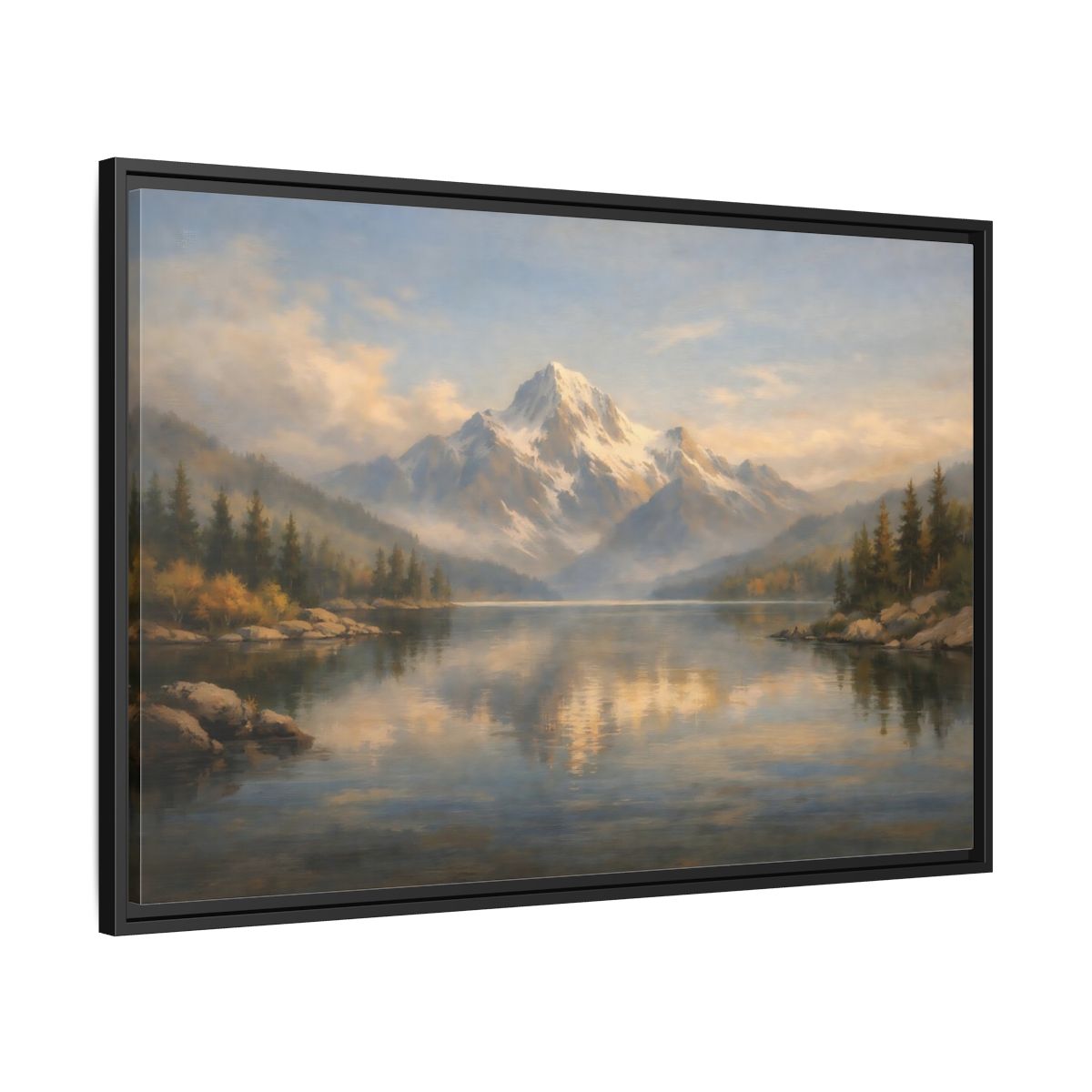 Side Mockup 13. Nature Snowy Mountain Mountain Lake Painting shown as stretched canvas wall art