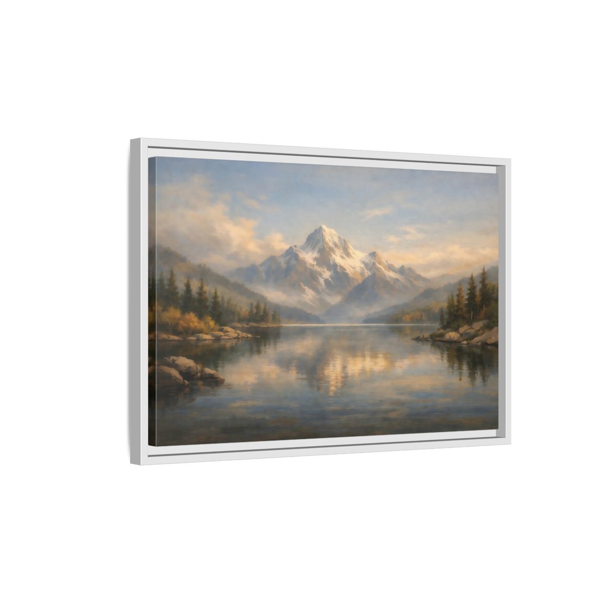 Side Mockup 1. Nature Snowy Mountain Mountain Lake Painting shown as stretched canvas wall art