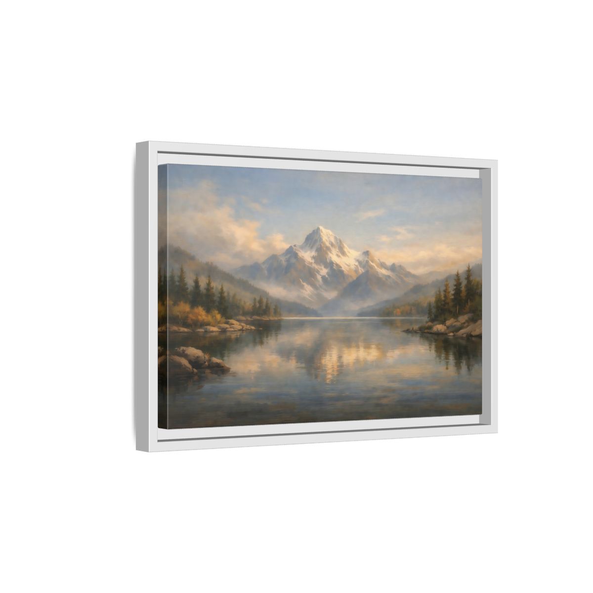 Side Mockup 4. Nature Snowy Mountain Mountain Lake Painting shown as stretched canvas wall art
