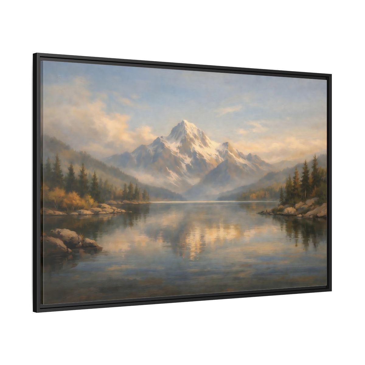Side Mockup 12. Nature Snowy Mountain Mountain Lake Painting shown as stretched canvas wall art