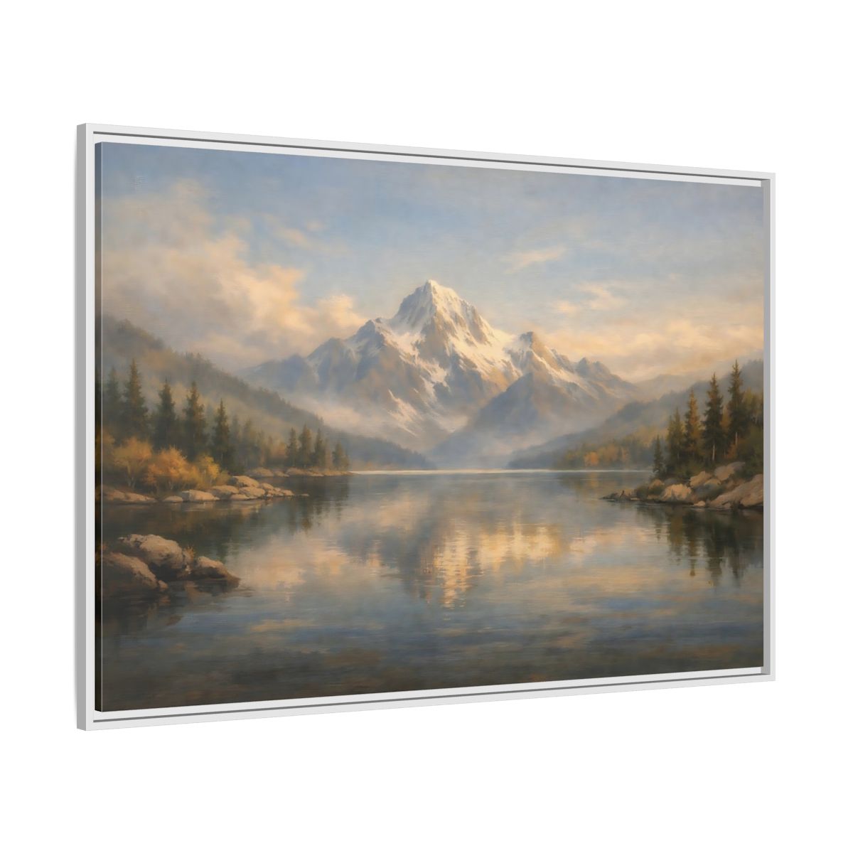 Side Mockup 7. Nature Snowy Mountain Mountain Lake Painting shown as stretched canvas wall art
