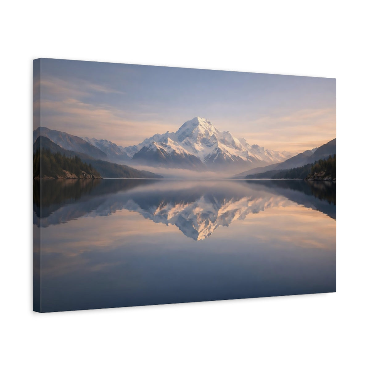 Side Mockup 3. Nature Snowy Mountain Mountain Lake Reflection shown as stretched canvas wall art