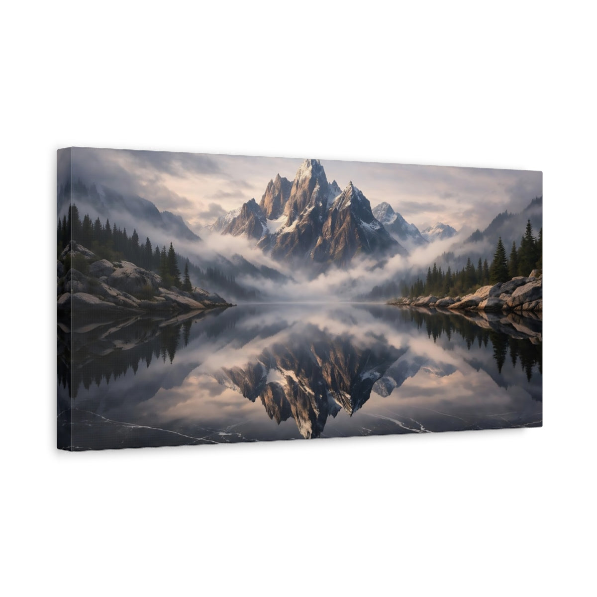 Side Mockup 3. Nature Snowy Mountain Mountain Lake Reflection shown as stretched canvas wall art